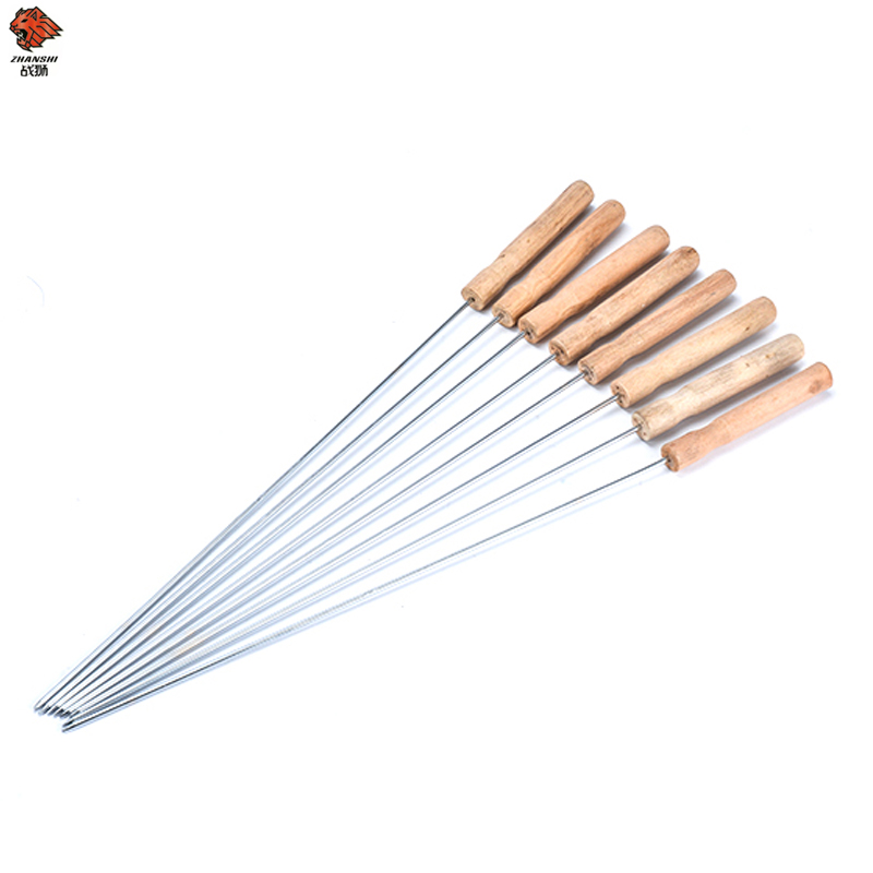 New arrival brazilian wooden handle bbq skewers set skewer bbq grill stainless steel bbq skewers roasting sticks