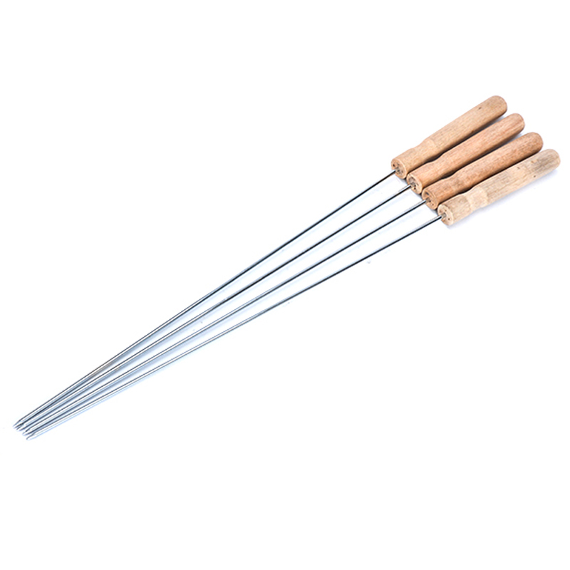 New arrival brazilian wooden handle bbq skewers set skewer bbq grill stainless steel bbq skewers roasting sticks