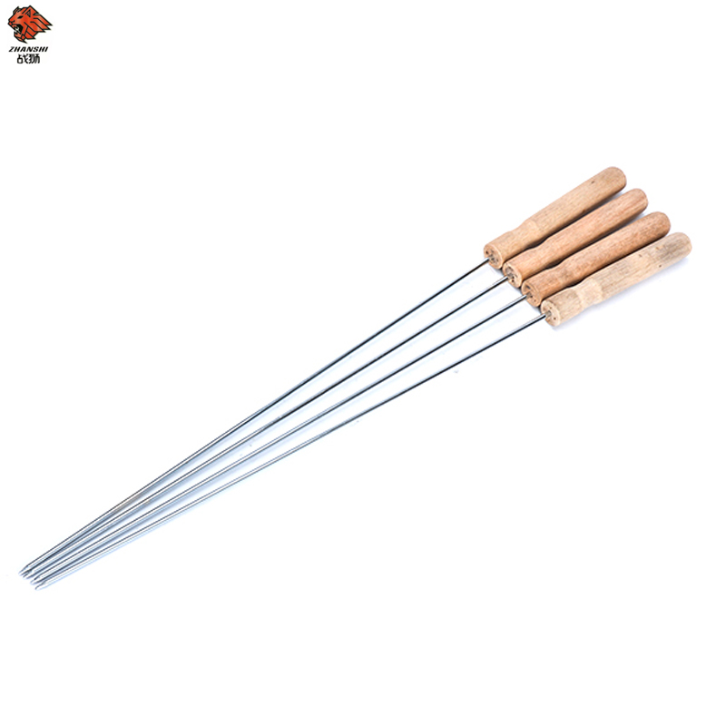 New arrival brazilian wooden handle bbq skewers set skewer bbq grill stainless steel bbq skewers roasting sticks