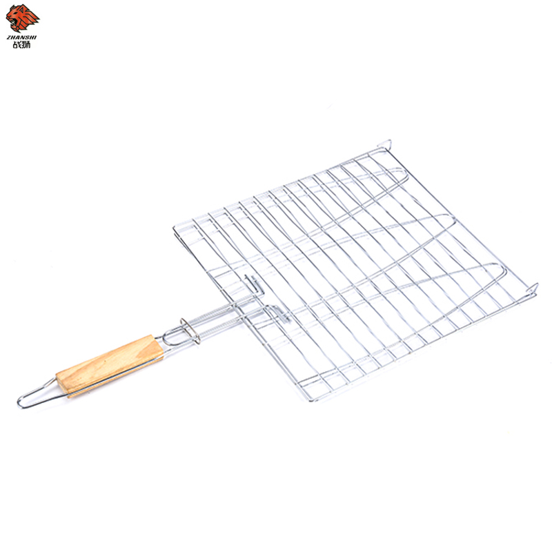 Stainless Steel Fish Grilling Basket BBQ Grill Net With Anti-scald Wooden Handle In Stock