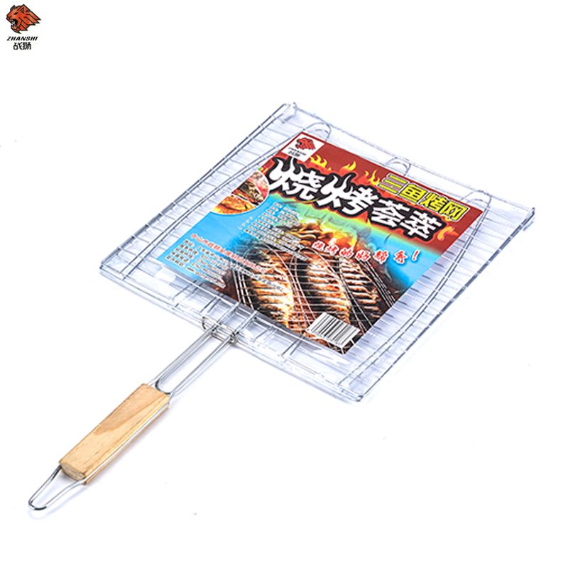 Stainless Steel Fish Grilling Basket BBQ Grill Net With Anti-scald Wooden Handle In Stock