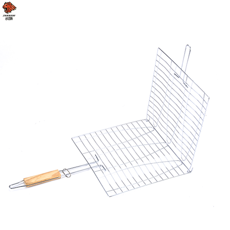 Stainless Steel Fish Grilling Basket BBQ Grill Net With Anti-scald Wooden Handle In Stock