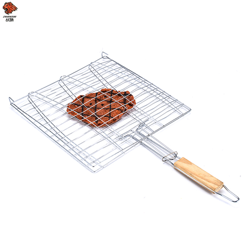 Stainless Steel Fish Grilling Basket BBQ Grill Net With Anti-scald Wooden Handle In Stock