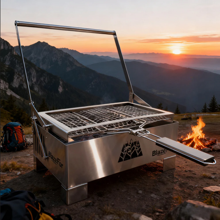BlazeFor Desktop Portable Stainless Steel Outdoor Adjustable Charcoal Rotating BBQ Grill Box with Height Adjustable Feature